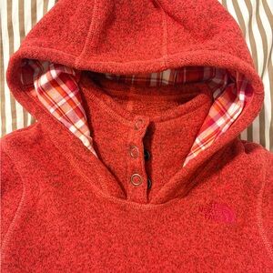 The North Face Red Hooded Snap Pullover with Plaid Lining